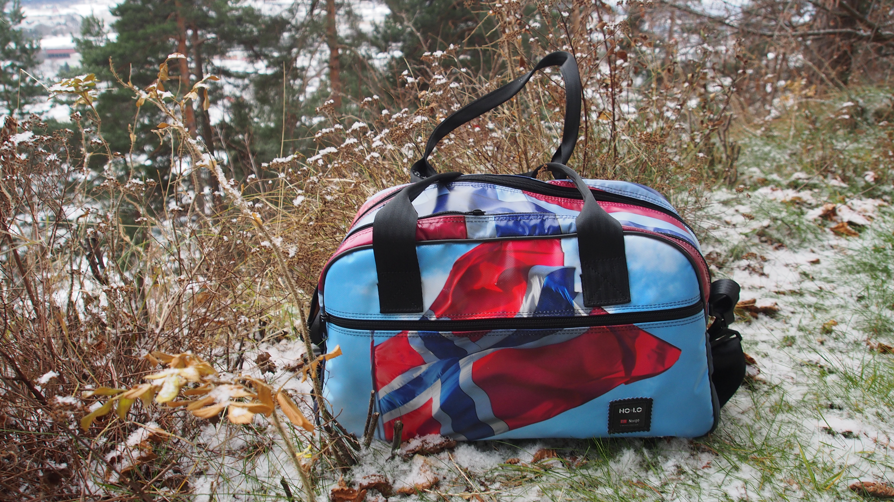 torba podróżna ze wzorem flagi Norwegii na tle przyprószonego śniegiem kwietnika