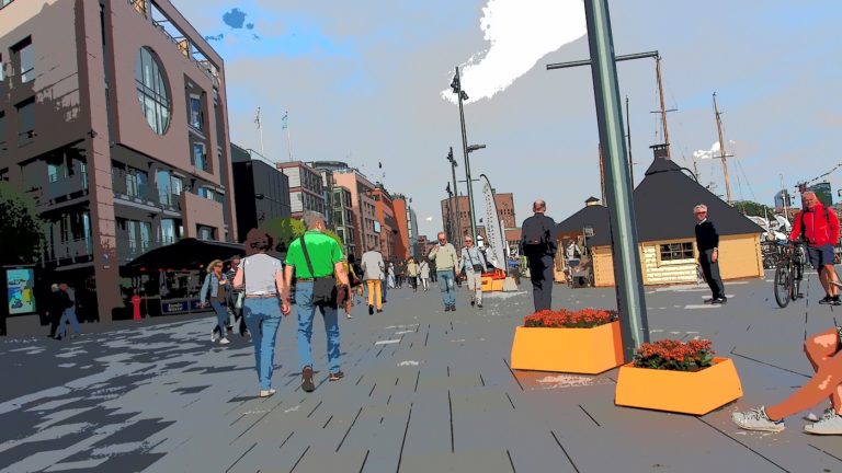 Komiksowo ujęty widok bulwarów w Olso: spacerujący ludzie, donice z kwiatami, budynki po lewej stronie i szeroka promenada