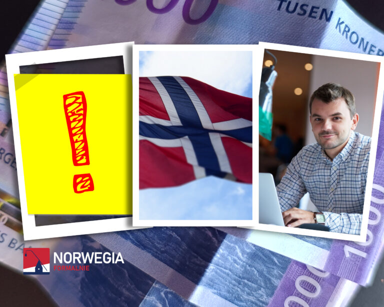 Grafika z kolażem zdjęć przedstawiających: 1. czerwony wykrzyknik na żółtej kartce, 2. norweską flagę powiewającą na tle niebieskiego nieba, 3. mężczyznę około 30-stki przy laptopie. Kolaż na tle norweskich banknotów.