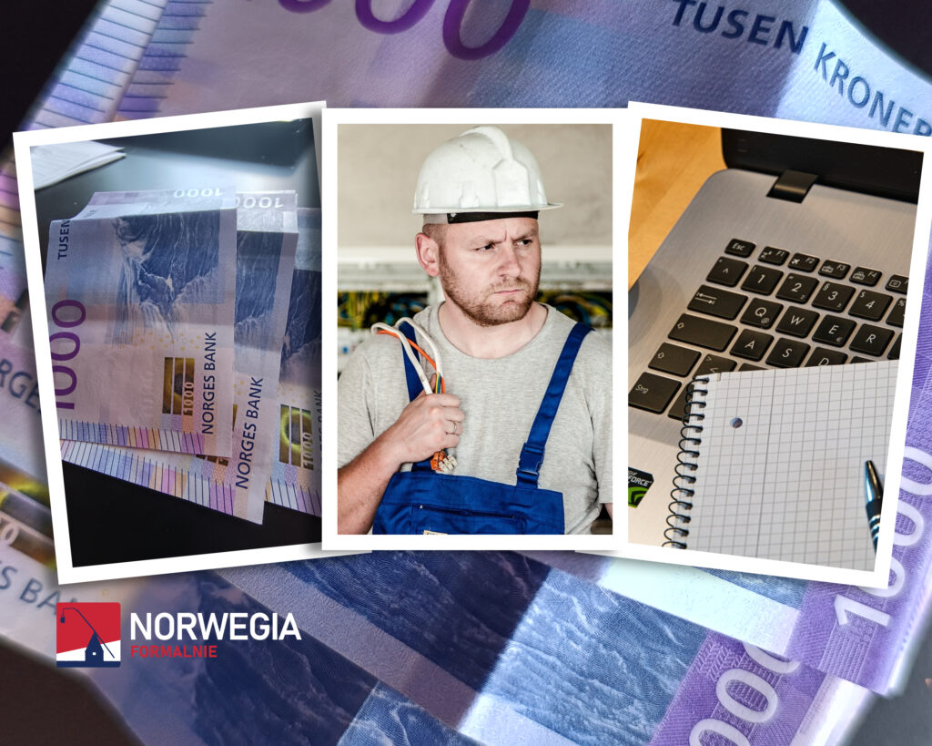 Grafika z kolażem zdjęć przedstawiających: 1. banknoty 3x 1000 norweskich koron, 2. zdjęcie zmartwionego mężczyzny w stroju robotnika i z białym kaskiem na głowie 3. fragment klawiatury komputerowej, Kolaż na tle norweskich banknotów.